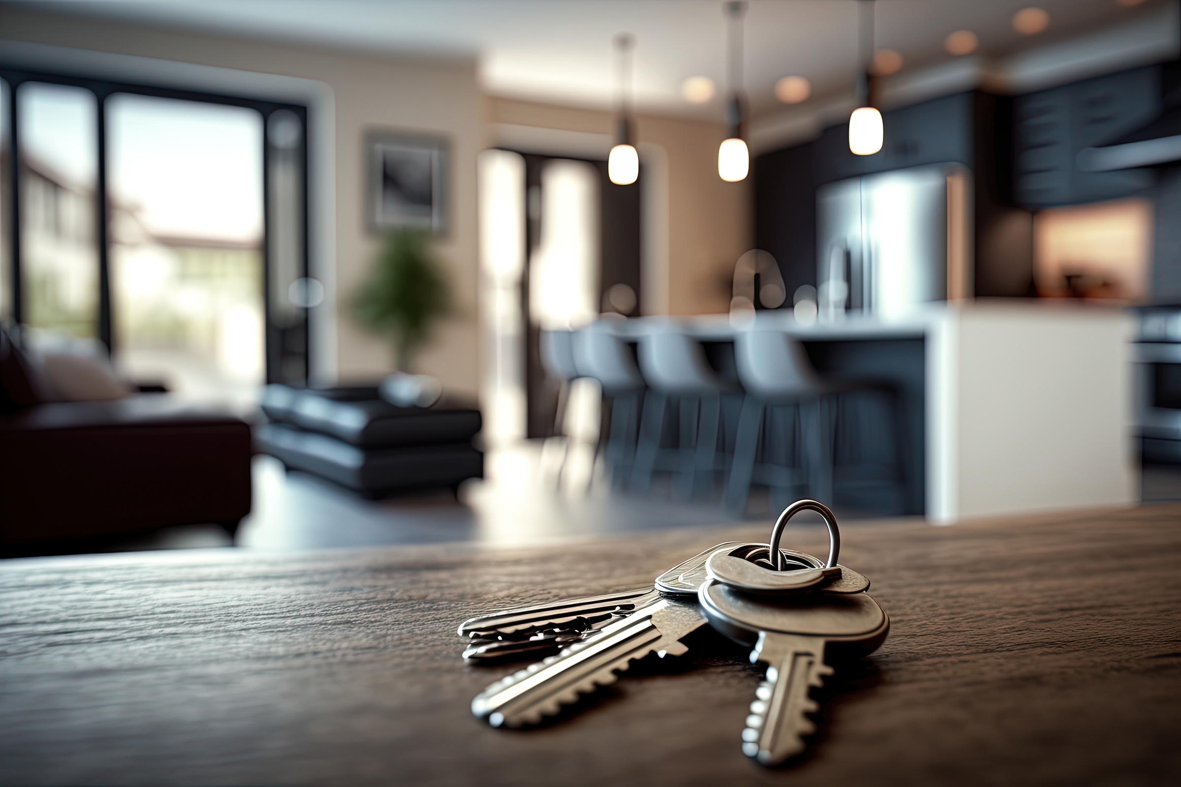 Mortgage concept. Keys on background new modern apartment or hotel room. Investment, rent, real estate, buying own property